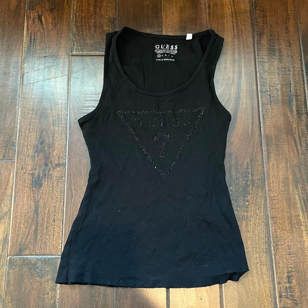 GUESS - Black Rhinestone round ribbed tank top
